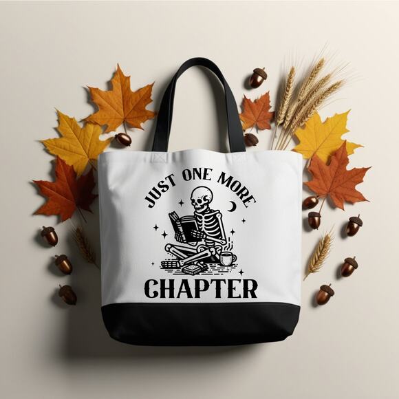 Just One More Chapter Skeleton Reader Tote Bibliophile Book Bag - Picture 3 of 5